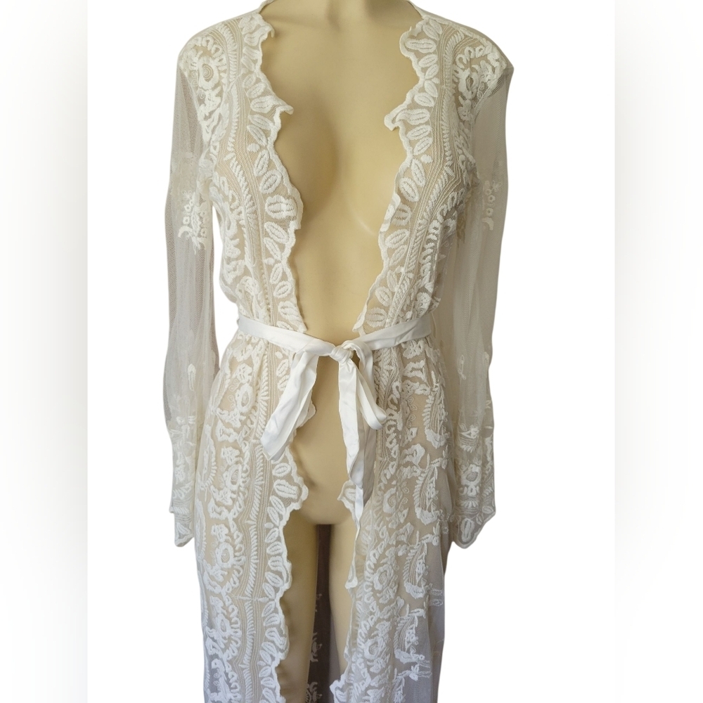 HOMEBODII White Sheer Lace Robe White XS BHLDN Wedding Honeymoon Bridal Lingerie - Picture 2 of 6